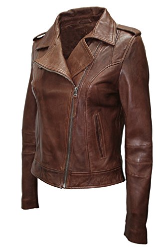 Infinity- neue Dame- Frauen Retro BRANDO 442 braun Fashion Motorradfahrer Casual Style Lederjacke aus weichem Leder Slim Fit - 2
