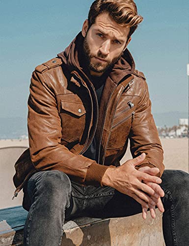 FLAVOR Lederjacke Herren mit abnehmbaren Hoodie - 3