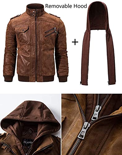 FLAVOR Lederjacke Herren mit abnehmbaren Hoodie - 5