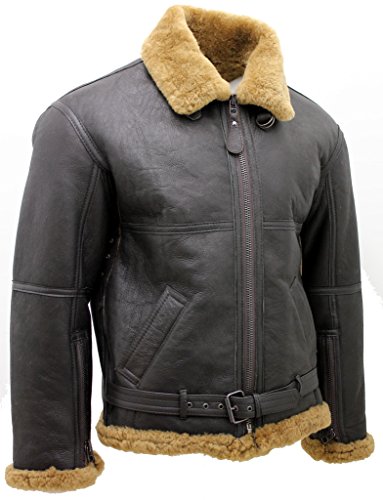 Herren Braun RAF Echt Schaffell Fliegen Lederjacke mit Pelz - 3