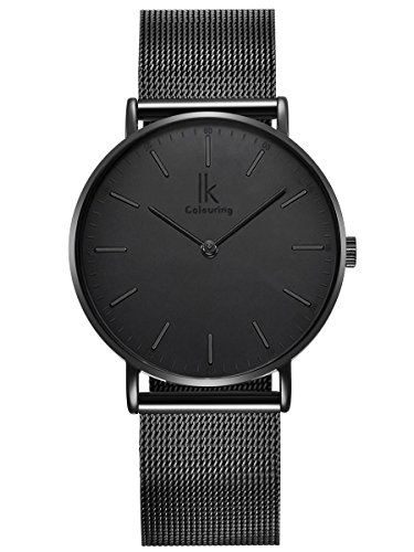 Alienwork IK All Black Damen Herren Armbanduhr Quarz schwarz mit Milanaise-Mesharmband Edelstahl Ultra-flach Slim-Uhr