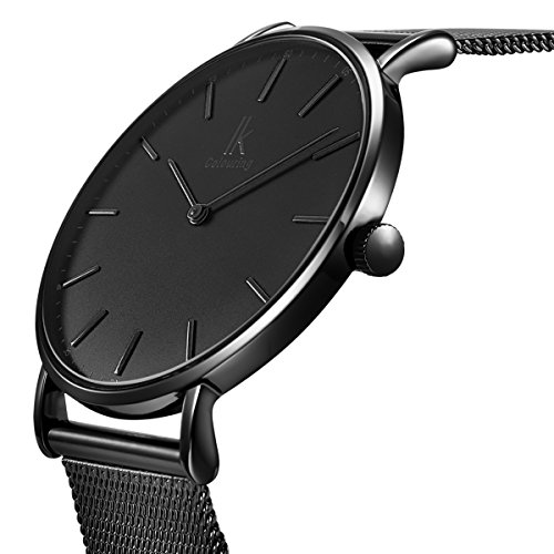 Alienwork IK All Black Damen Herren Armbanduhr Quarz schwarz mit Milanaise-Mesharmband Edelstahl Ultra-flach Slim-Uhr - 2