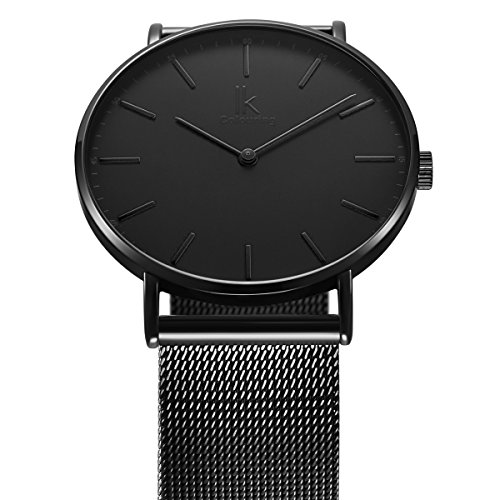 Alienwork IK All Black Damen Herren Armbanduhr Quarz schwarz mit Milanaise-Mesharmband Edelstahl Ultra-flach Slim-Uhr - 3
