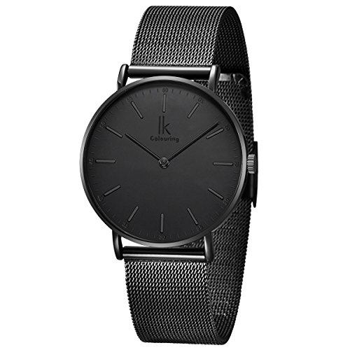 Alienwork IK All Black Damen Herren Armbanduhr Quarz schwarz mit Milanaise-Mesharmband Edelstahl Ultra-flach Slim-Uhr - 4