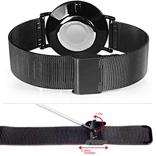 Alienwork IK All Black Damen Herren Armbanduhr Quarz schwarz mit Milanaise-Mesharmband Edelstahl Ultra-flach Slim-Uhr - 6