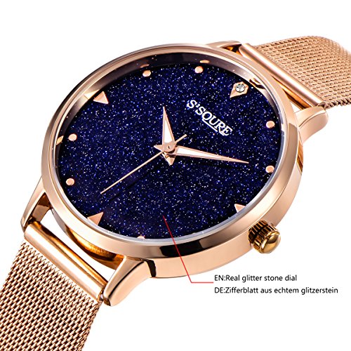 Alienwork Damen-Armbanduhr Quarz Rose-Gold mit Milanaise Mesh-Armband Edelstahl schwarz echtes Marmor Zifferblatt - 2
