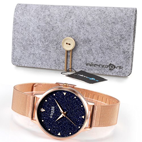 Alienwork Damen-Armbanduhr Quarz Rose-Gold mit Milanaise Mesh-Armband Edelstahl schwarz echtes Marmor Zifferblatt - 3
