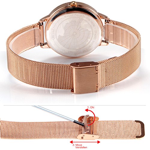 Alienwork Damen-Armbanduhr Quarz Rose-Gold mit Milanaise Mesh-Armband Edelstahl schwarz echtes Marmor Zifferblatt - 5
