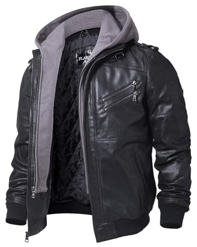 FLAVOR Echtes Lederjacke Herren Abnehmbarer Hoodie